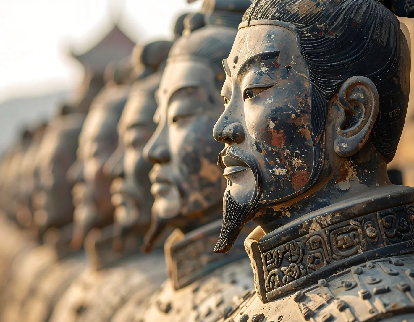 Detalle de los rostros de los guerreros de terracota, Xi'an