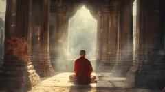 Monje en meditación en la penumbra de un templo