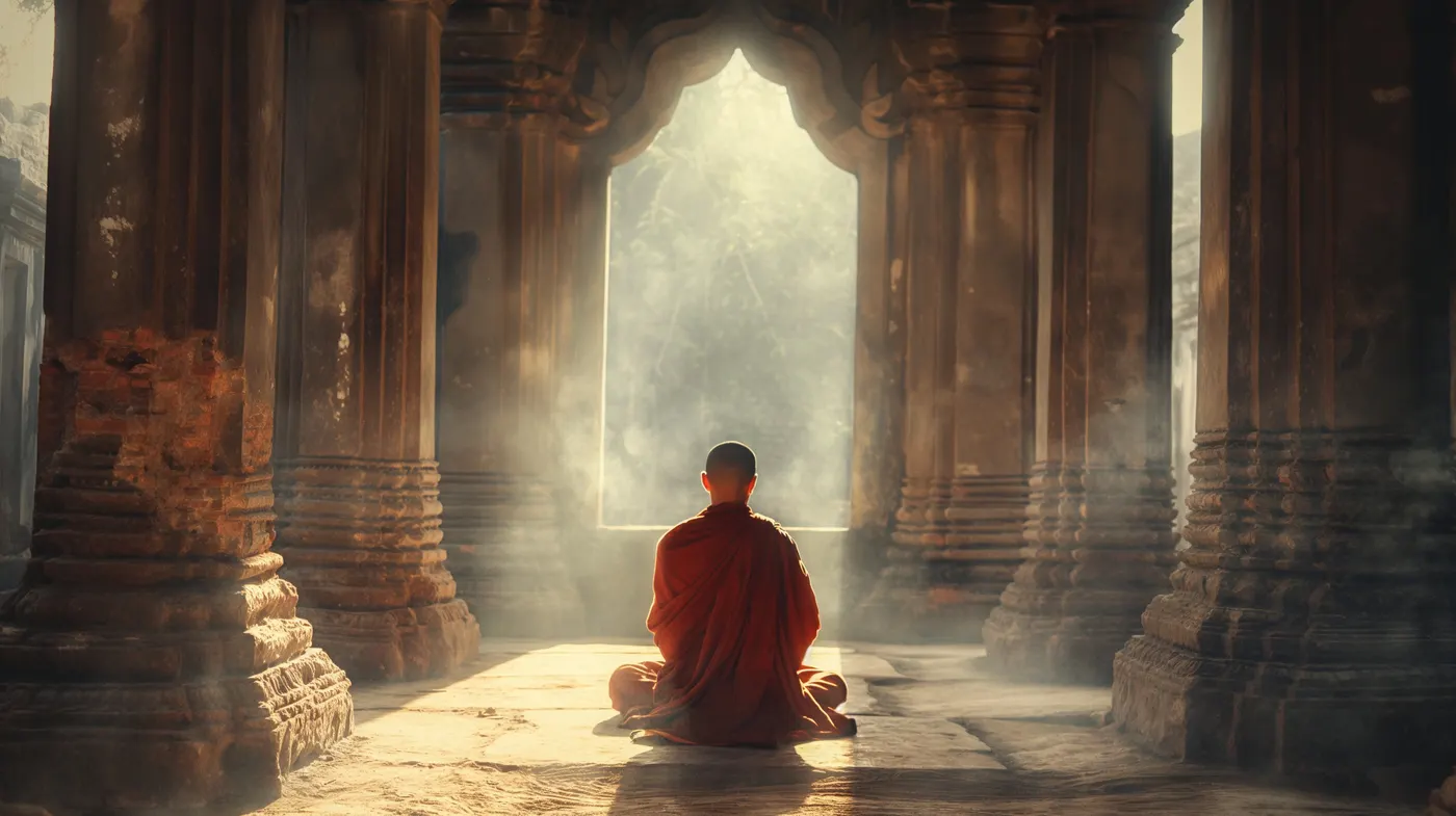 Monje en meditación en la penumbra de un templo