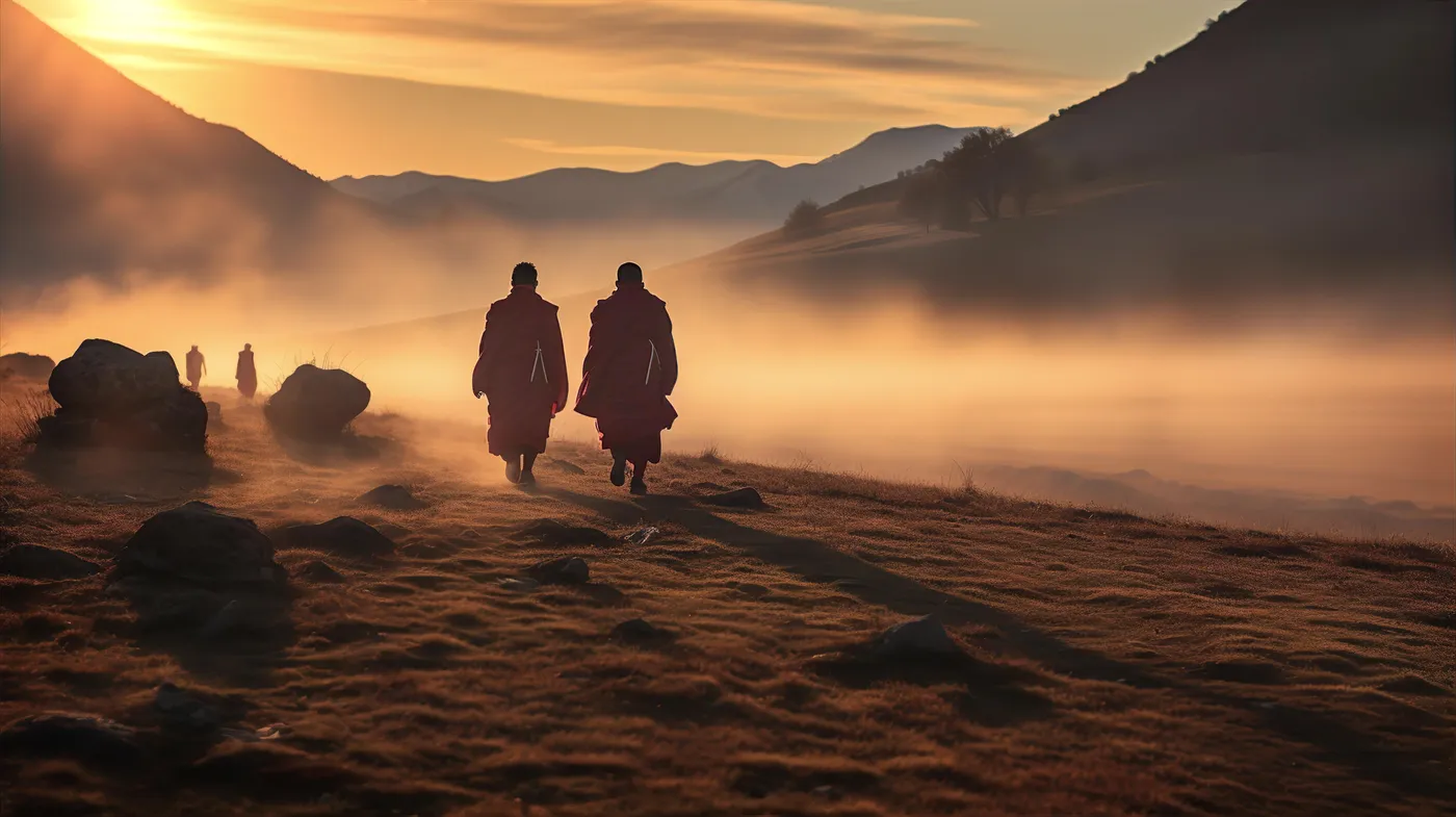 Dos monjes caminando al amanecer entre la tierra en suspensión