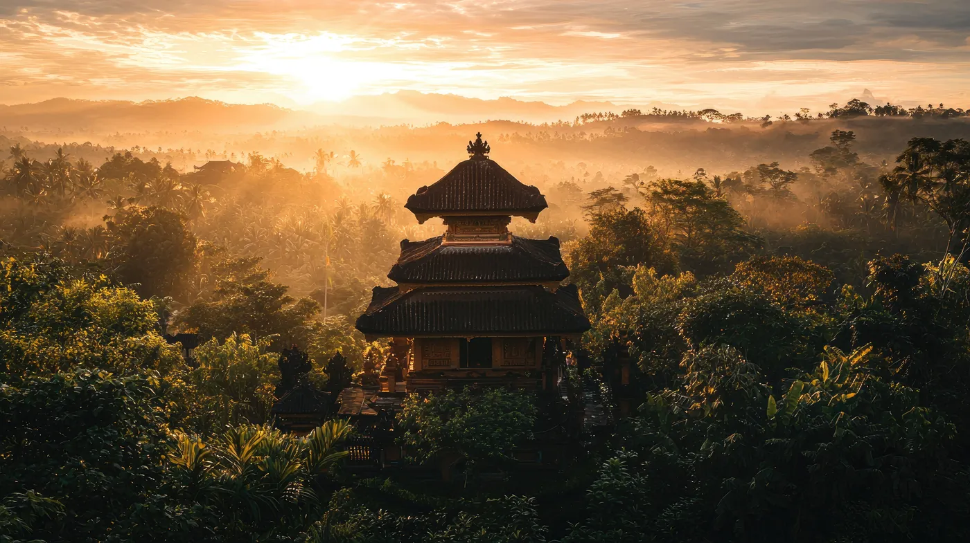 Templo balinés entre la niebla, al amanecer